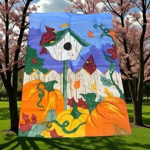 Fall Pumpkin Robin Cardinal House Flag Double Sided Autumn Banner 40" Orange VTG